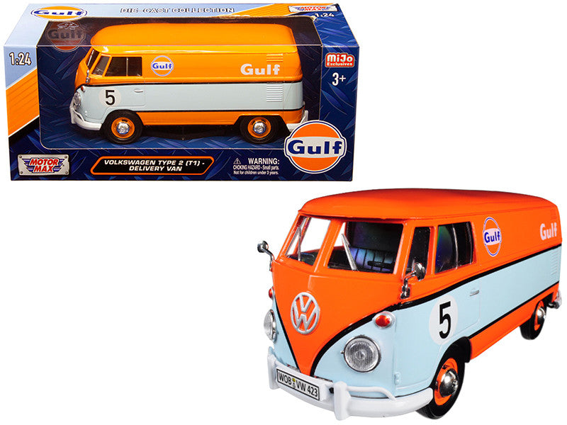 Volkswagen Type 2 (T1) Delivery Van #5 "Gulf" Orange and Light Blue 1/24 Diecast Model Car by Motormax Motormax