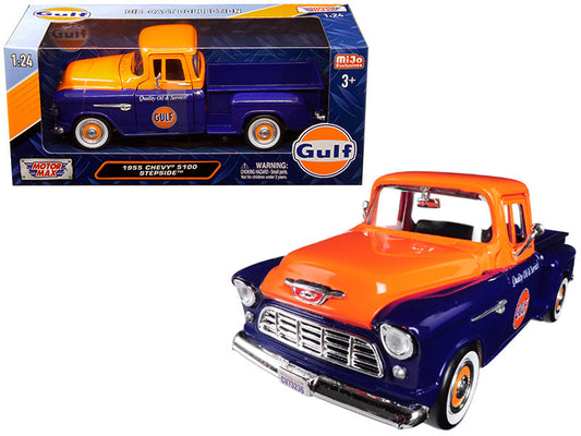 1955 Chevrolet 5100 Stepside Pickup Truck "Gulf" Dark Blue and Orange 1/24 Diecast Model Car by Motormax-0