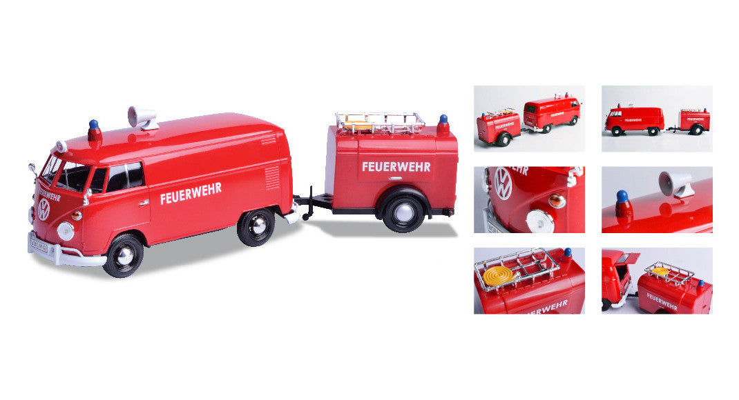 Volkswagen Type 2 (T1) Fire Van with Fire Fighting Trailer "Feuerwehr" Red 1/24 Diecast Model Car by Motormax Motormax