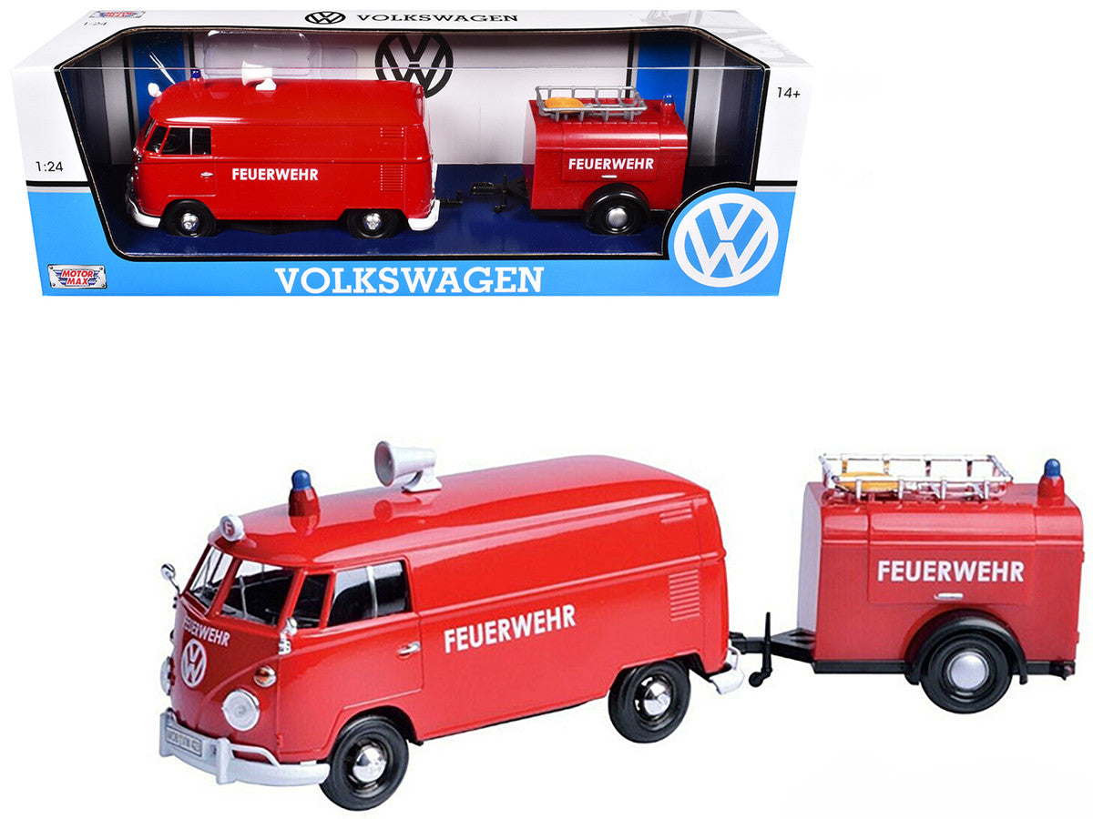 Volkswagen Type 2 (T1) Fire Van with Fire Fighting Trailer "Feuerwehr" Red 1/24 Diecast Model Car by Motormax Motormax
