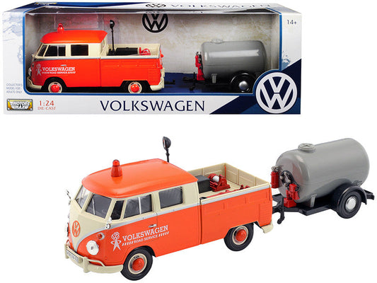 Volkswagen Type 2 (T1) Pickup Truck Orange and Cream with Oil Trailer "Road Service" 1/24 Diecast Model Car by Motormax Motormax