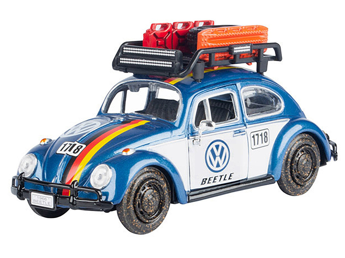1966 Volkswagen Beetle Off Road #1718 Blue Metallic and White with German Flag Stripes and Roof Rack Accessories 1/24 Diecast Model Car by Motormax Motormax