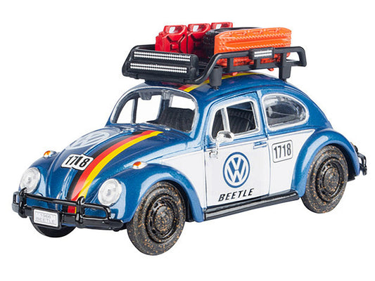 1966 Volkswagen Beetle Off Road #1718 Blue Metallic and White with German Flag Stripes and Roof Rack Accessories 1/24 Diecast Model Car by Motormax Motormax