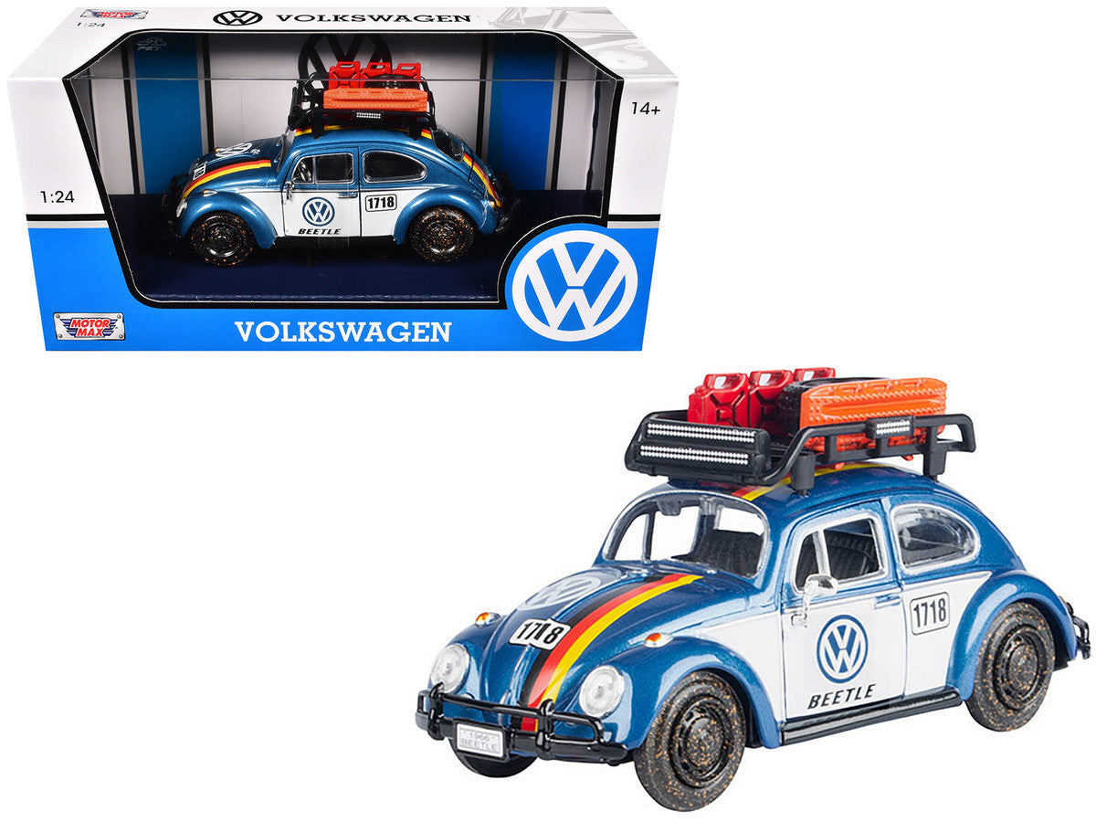 1966 Volkswagen Beetle Off Road #1718 Blue Metallic and White with German Flag Stripes and Roof Rack Accessories 1/24 Diecast Model Car by Motormax Motormax