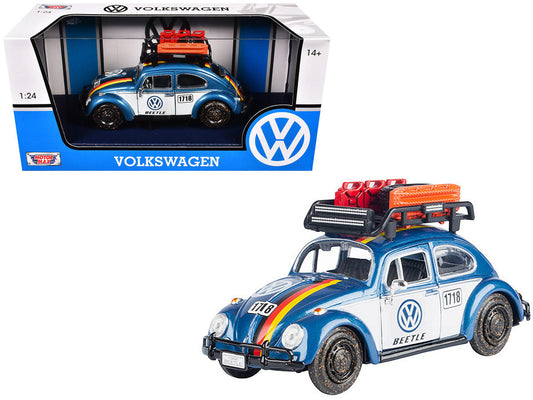 1966 Volkswagen Beetle Off Road #1718 Blue Metallic and White with German Flag Stripes and Roof Rack Accessories 1/24 Diecast Model Car by Motormax Motormax
