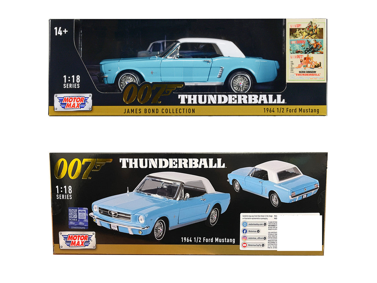 1964 1/2 Ford Mustang Light Blue with White Top James Bond 007 "Thunderball" (1965) Movie "James Bond Collection" Series 1/18 Diecast Model Car by Motormax Motormax