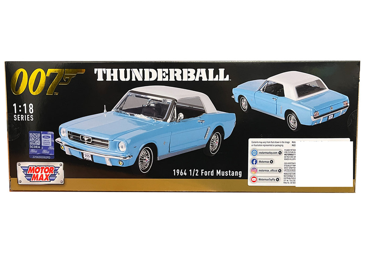 1964 1/2 Ford Mustang Light Blue with White Top James Bond 007 "Thunderball" (1965) Movie "James Bond Collection" Series 1/18 Diecast Model Car by Motormax Motormax