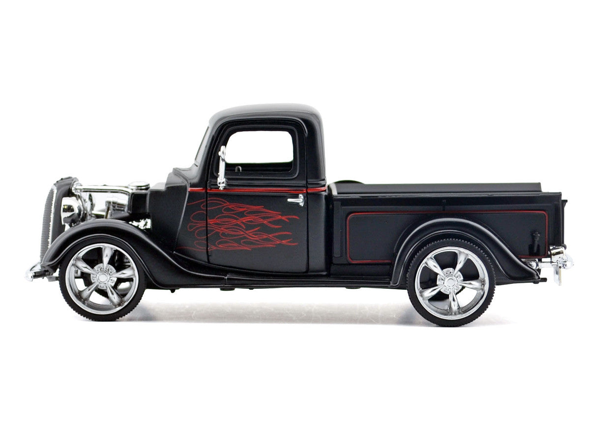 1937 Ford Pickup Truck Matt Black with Red Flame Graphics "Kult Klassics" Series 1/24 Diecast Model Car by Motormax Motormax