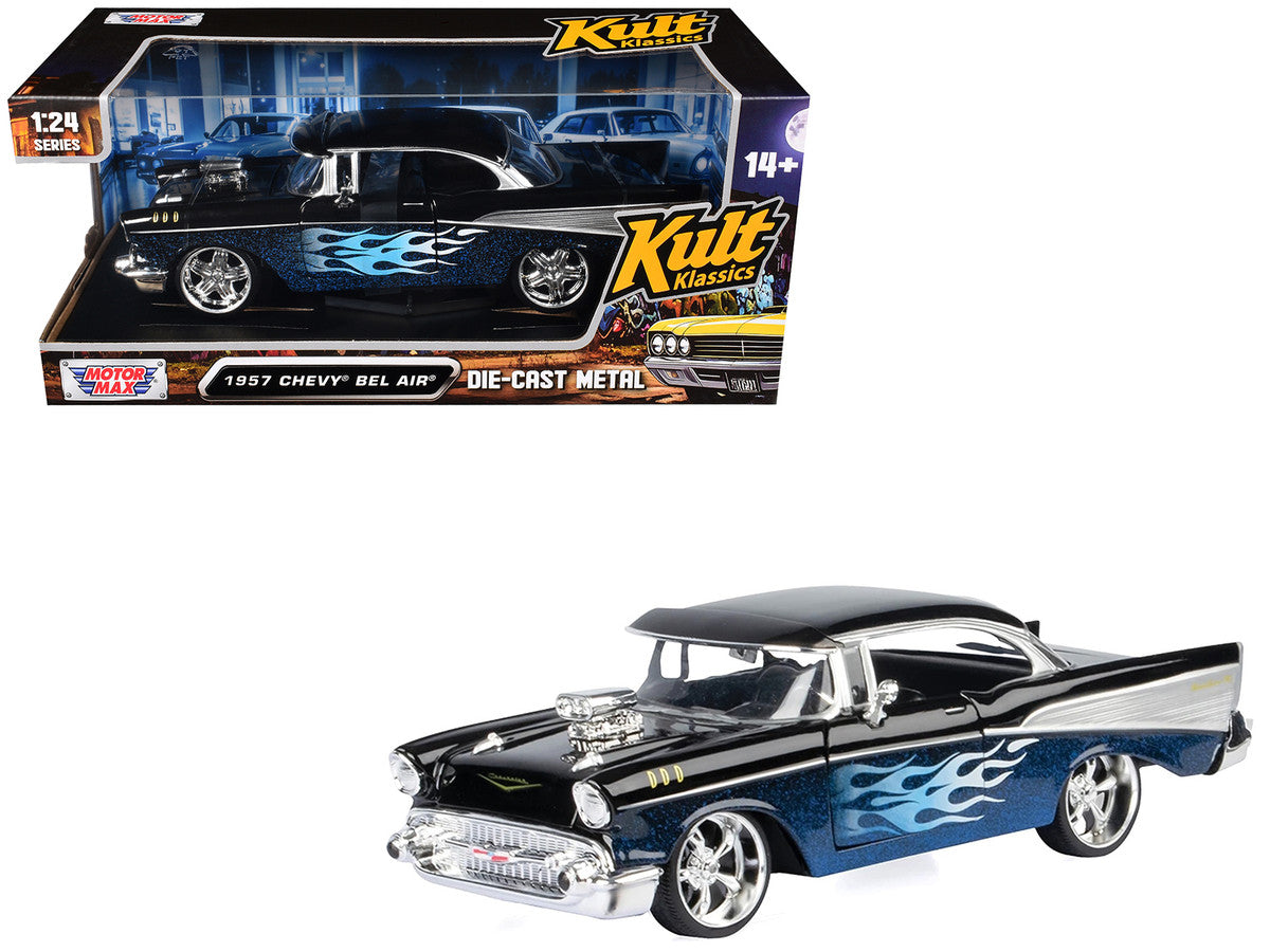 1957 Chevrolet Bel Air Black with Blue Flame Graphics "Kult Klassics" Series 1/24 Diecast Model Car by Motormax Motormax