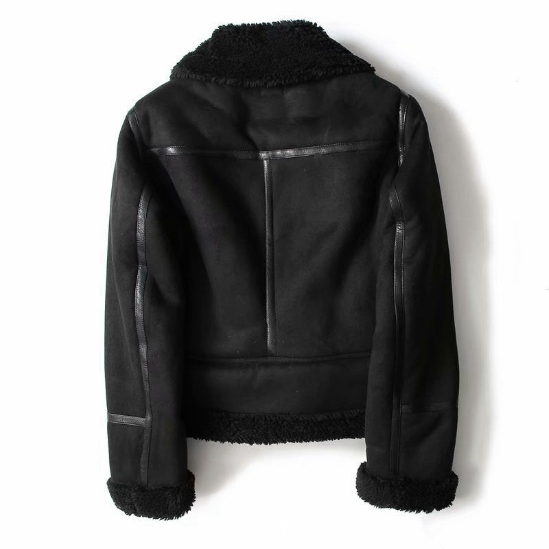 Women's Winter Suede Motorcycle Jacket - Lamb Wool Lined Lapel Coat in Black & Khaki LadyShow.Store