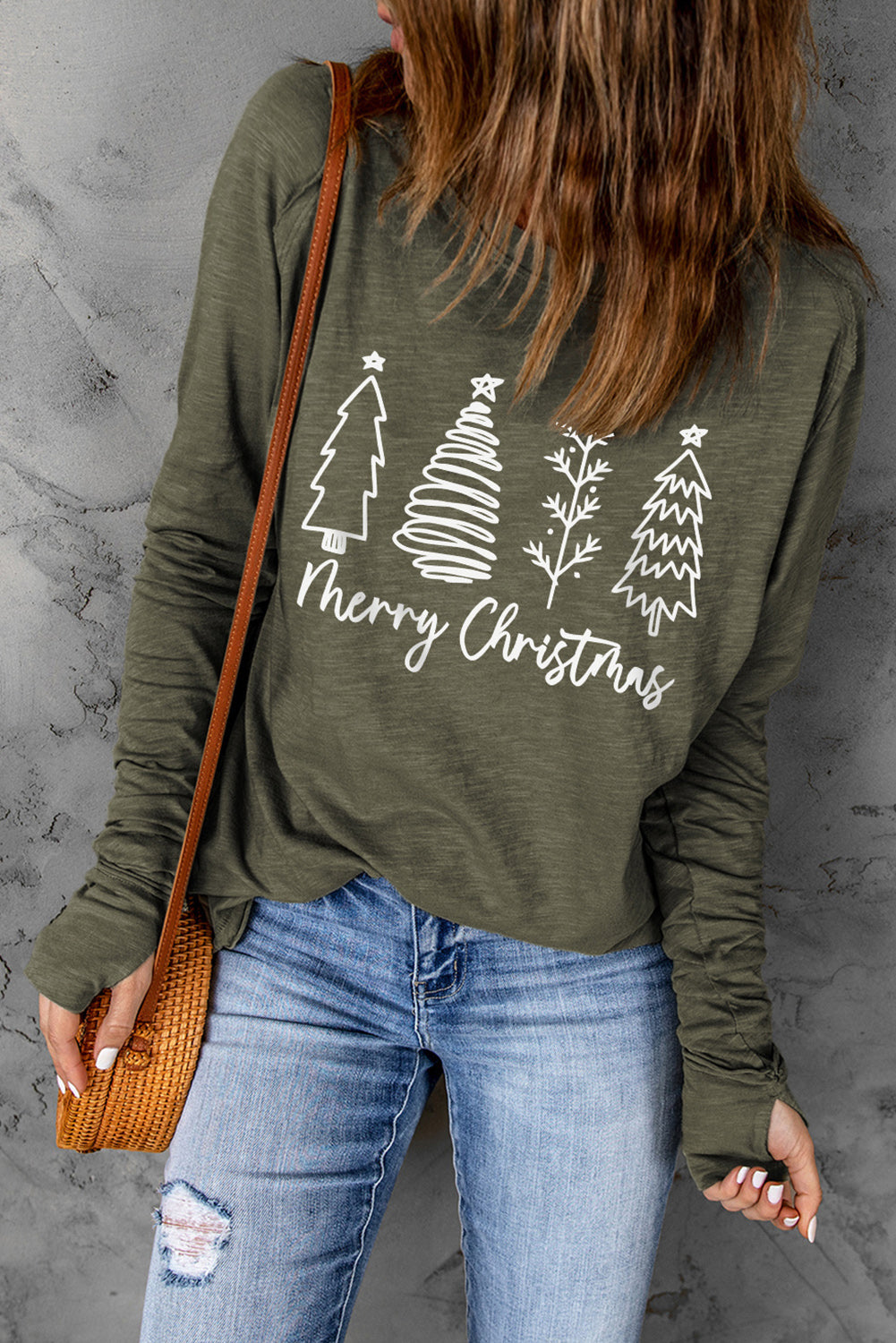 Thea Merry Christmas Trees Thumbhole Sleeve Graphic Tee Threaded Pear