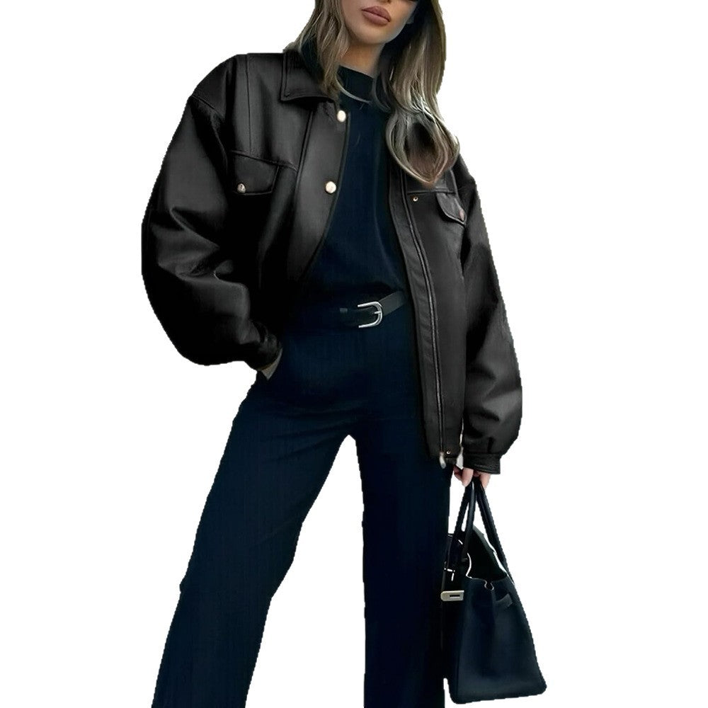 Women's Leather Jacket Loose Long Sleeve Lapel Motorcycle Jacket LadyShow.Store