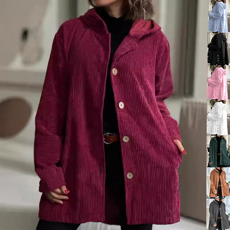 Women's Corduroy Hooded Jacket Fashion Warm Pockets Button Mid-length Top Casual Fall Winter Outwear Clothing Accent Plus