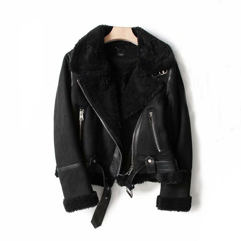 Women's Winter Suede Motorcycle Jacket - Lamb Wool Lined Lapel Coat in Black & Khaki LadyShow.Store
