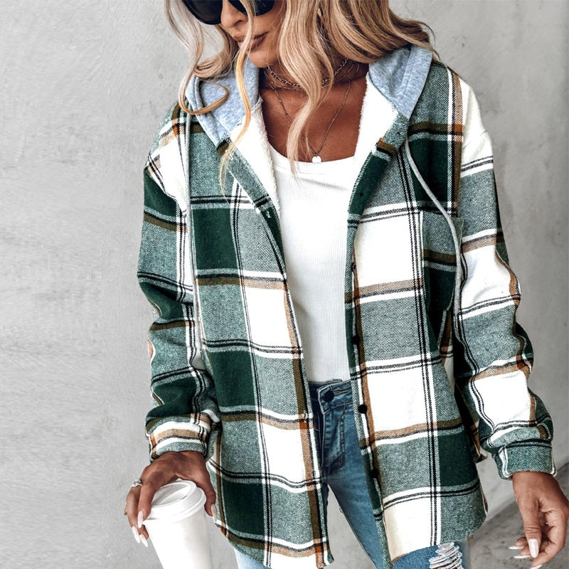Plaid Hooded Jacket Fashion Casual Button Pocket Coat Autumn And Winter Women's Clothing Accent Plus