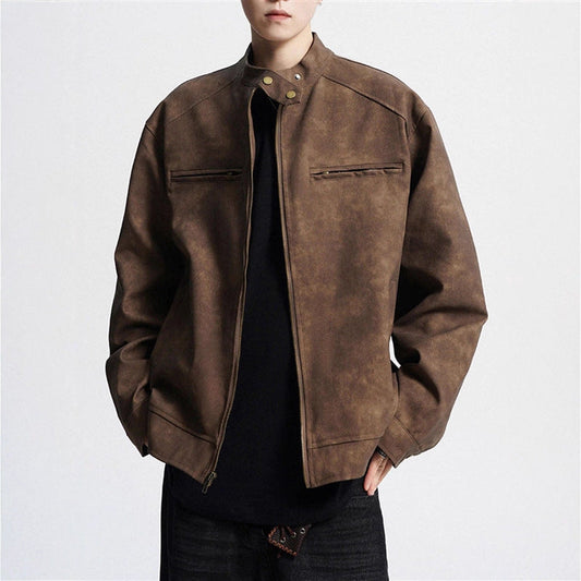 Vintage Brown Motorcycle Leather Autumn Merard Stand-up Collar Distressed Coat Best YouTube Store
