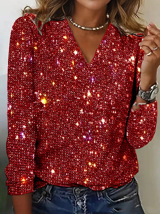 Women's Pure Color Sequins Long-sleeved T-shirt LadyShow.Store