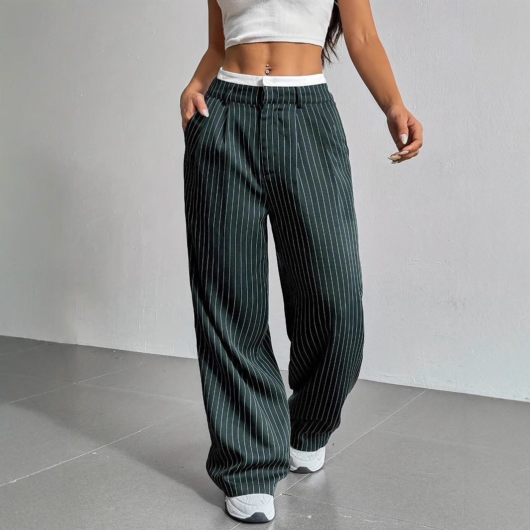 Stripe Printed Trousers Fashion High Waist Straight Leg Pants With Pocket Zipper Casual Suit Pants For Women LadyShow.Store