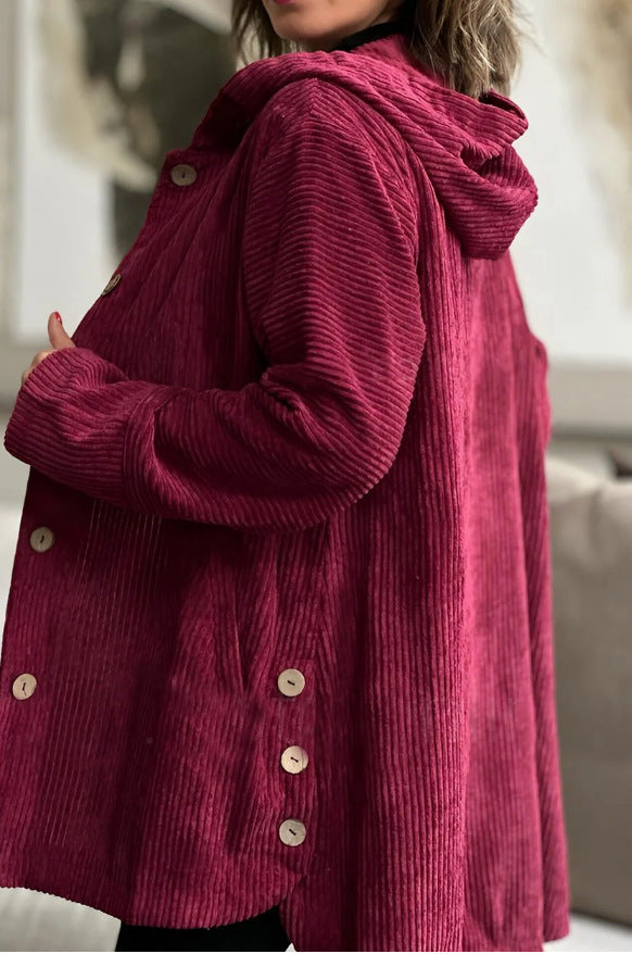 Women's Corduroy Hooded Jacket Fashion Warm Pockets Button Mid-length Top Casual Fall Winter Outwear Clothing Accent Plus