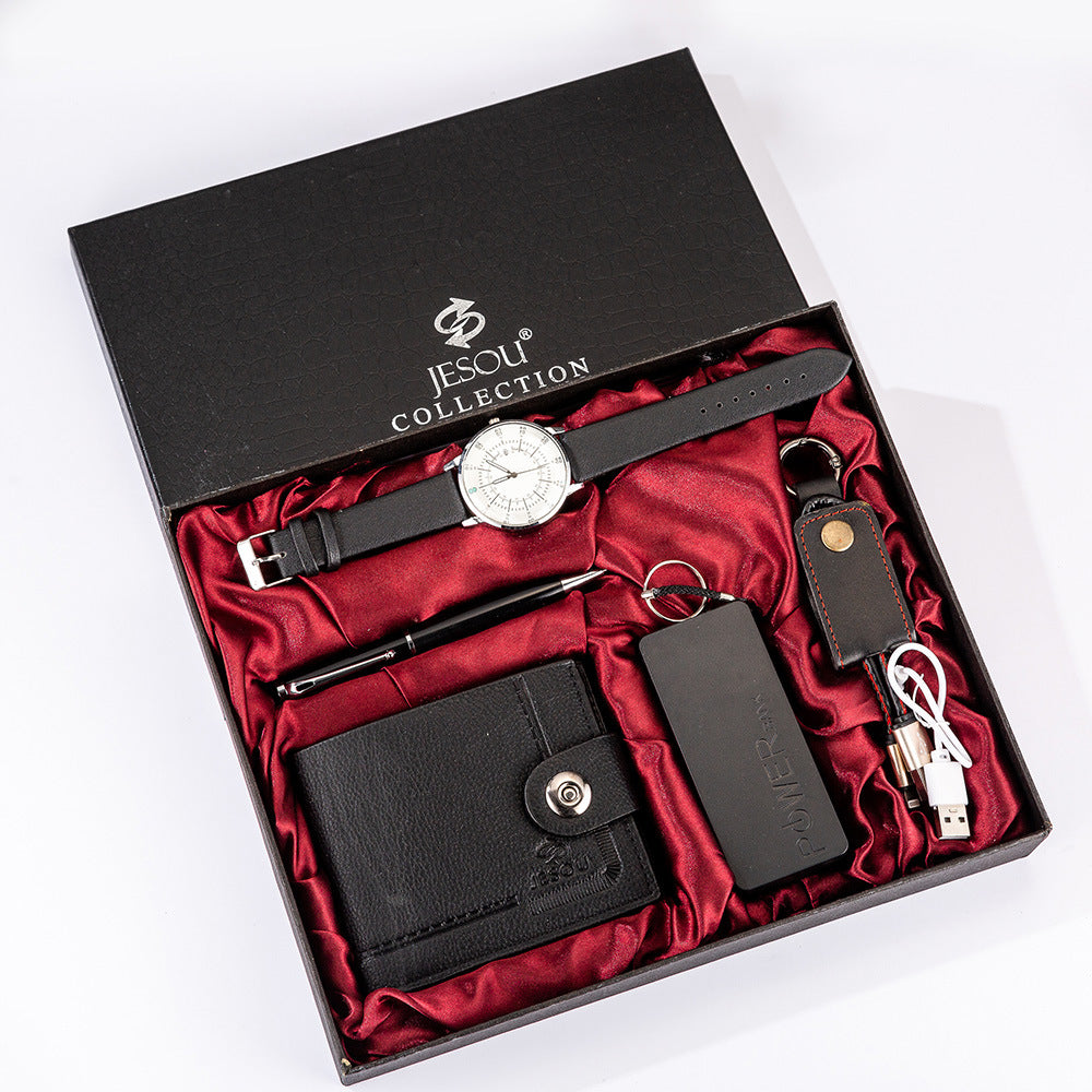 Mens Boutique Gift Set Wallet Power Bank Keychain Large Dial Quartz Watch Best YouTube Store
