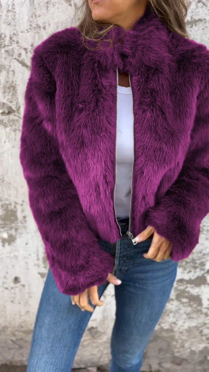Fashion Stand Collar Plush Jacket Winter Casual Turtleneck Zipper Coat Fleece Tops Women's Clothing LadyShow.Store