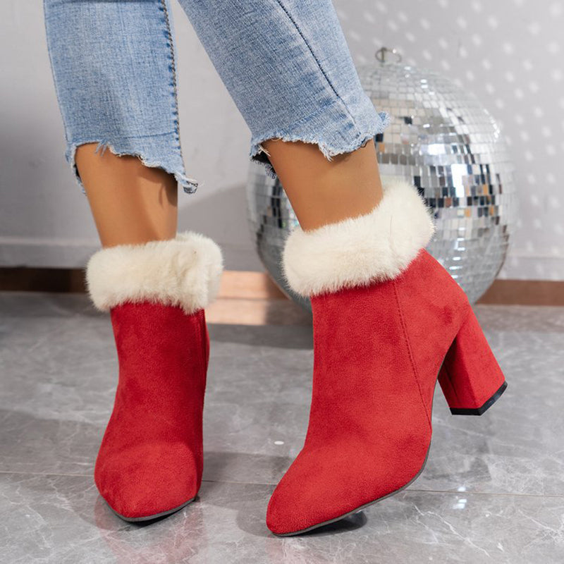 New Plaid Print Plush Ankle Boots Winter Fashoin Square Heel Suede Boots Women Casual Versatile Shoes Autumn And Winter Best YouTube Store