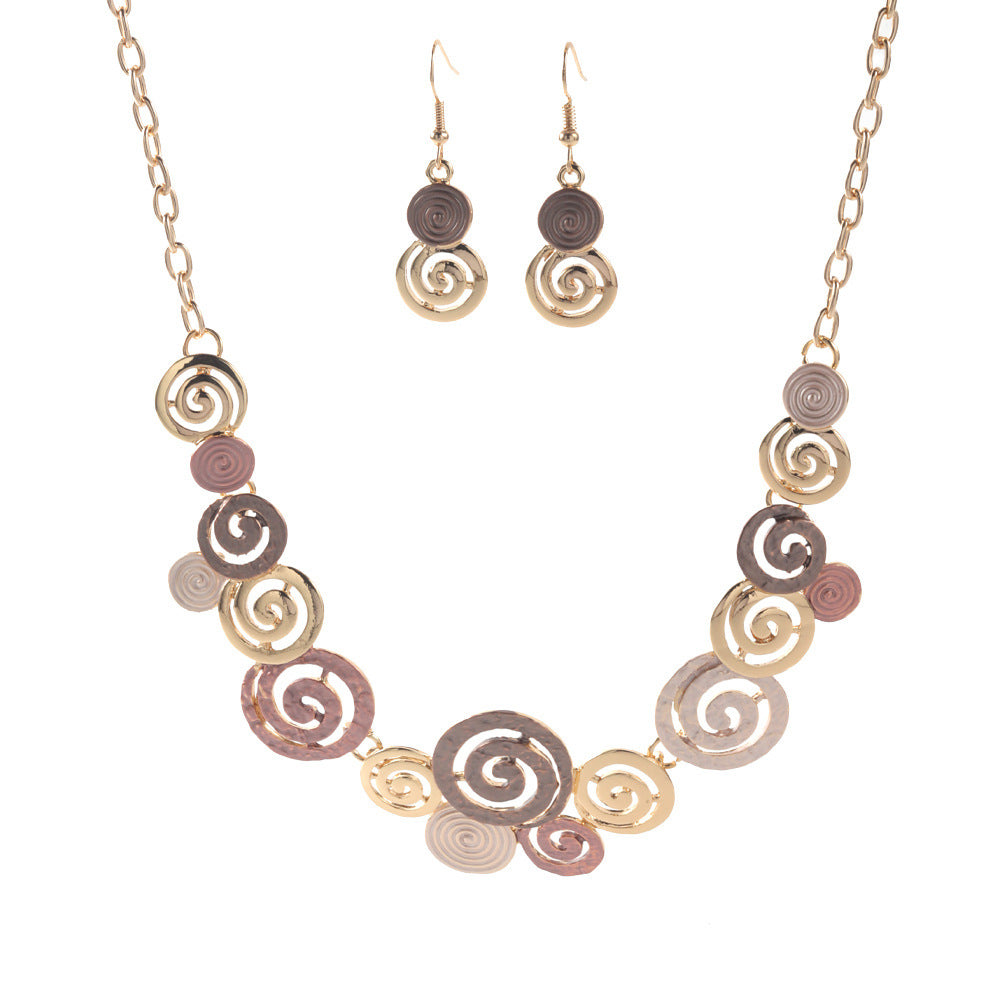 Zinc Alloy Geometric Round Spiral Color Oil Necklace Hollow Design Eardrop Set LadyShow.Store