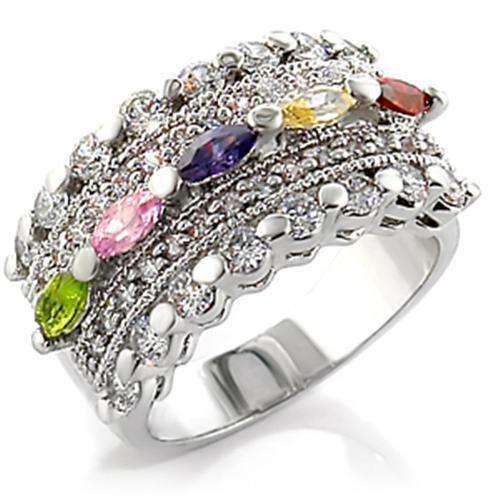 7X129 - Rhodium Brass Ring with AAA Grade CZ  in Multi Color Alamode