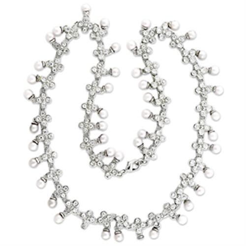 7X405 - Rhodium Brass Necklace with Synthetic Pearl in White Alamode