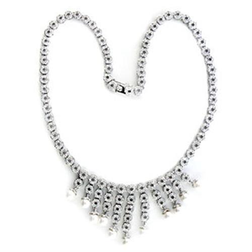 7X407 - Rhodium Brass Necklace with Synthetic Pearl in White Alamode