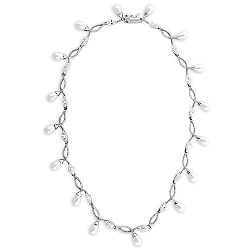 7X420 - Rhodium 925 Sterling Silver Necklace with Synthetic Pearl in White Alamode