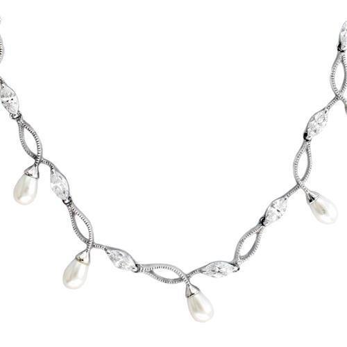 7X420 - Rhodium 925 Sterling Silver Necklace with Synthetic Pearl in White Alamode