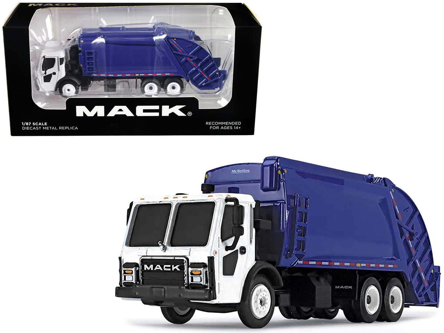 Mack LR with McNeilus Rear Load Refuse Body Blue and White 1/87 (HO) Diecast Model by First Gear W2B