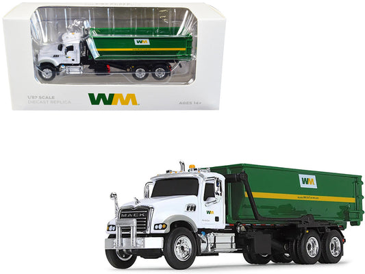 Mack Granite MP Refuse Garbage Truck with Tub-Style Roll-Off Container "Waste Management" White and Green 1/87 (HO) Diecast Model by First Gear First Gear