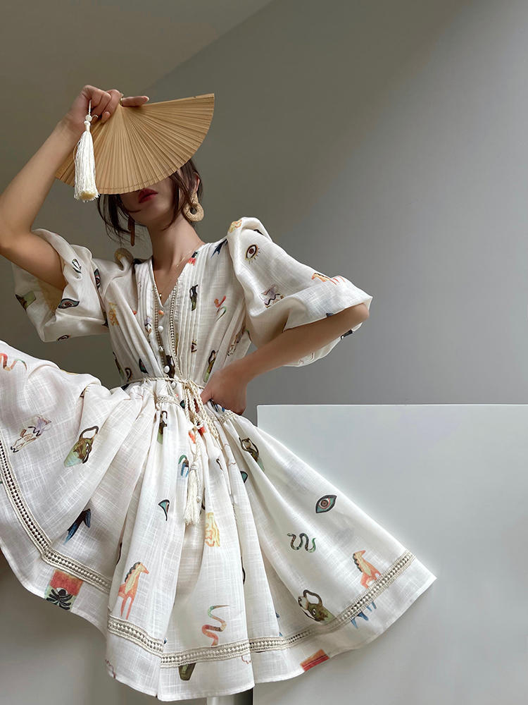 Women's Lace Retro Loose French Print Puff Sleeve Dress LadyShow.Store