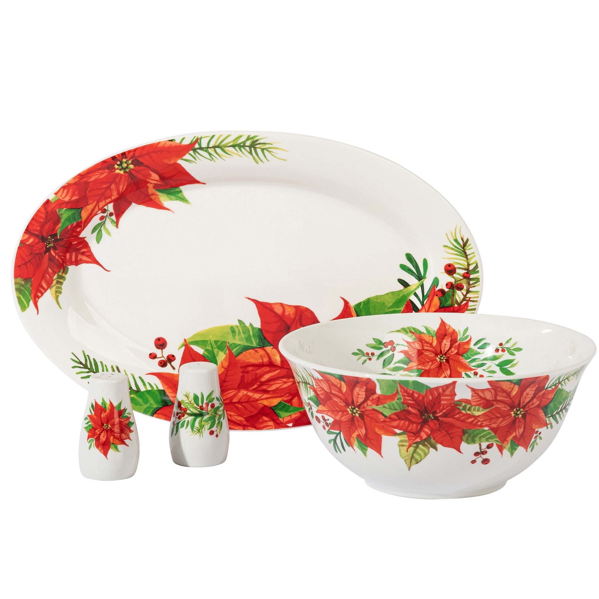Gibson Home 4 Piece Ceramic Serving Set in White With Poinsettia Decorations W2B