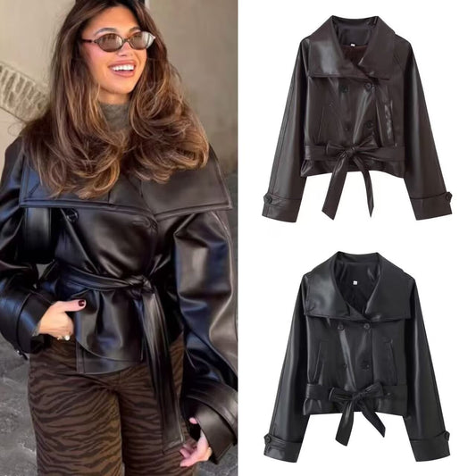 Trendy Wild Two-color Double Breasted Short Lace Up Leather Coat LadyShow.Store
