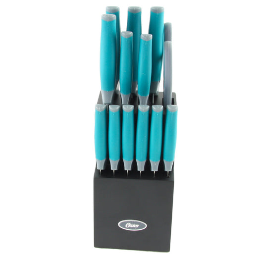Oster Lindbergh 14 Piece Stainless Steel Cutlery Set in Teal with Wooden Block W2B