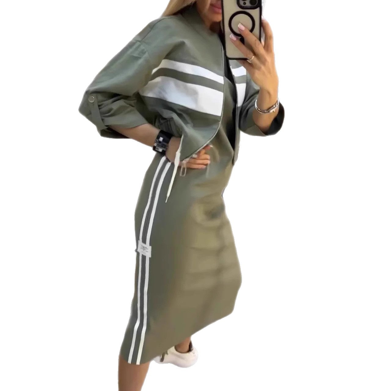 Casual Zipper White Stripe Edge Jacket Coat Dress Women's Suit Accent Plus