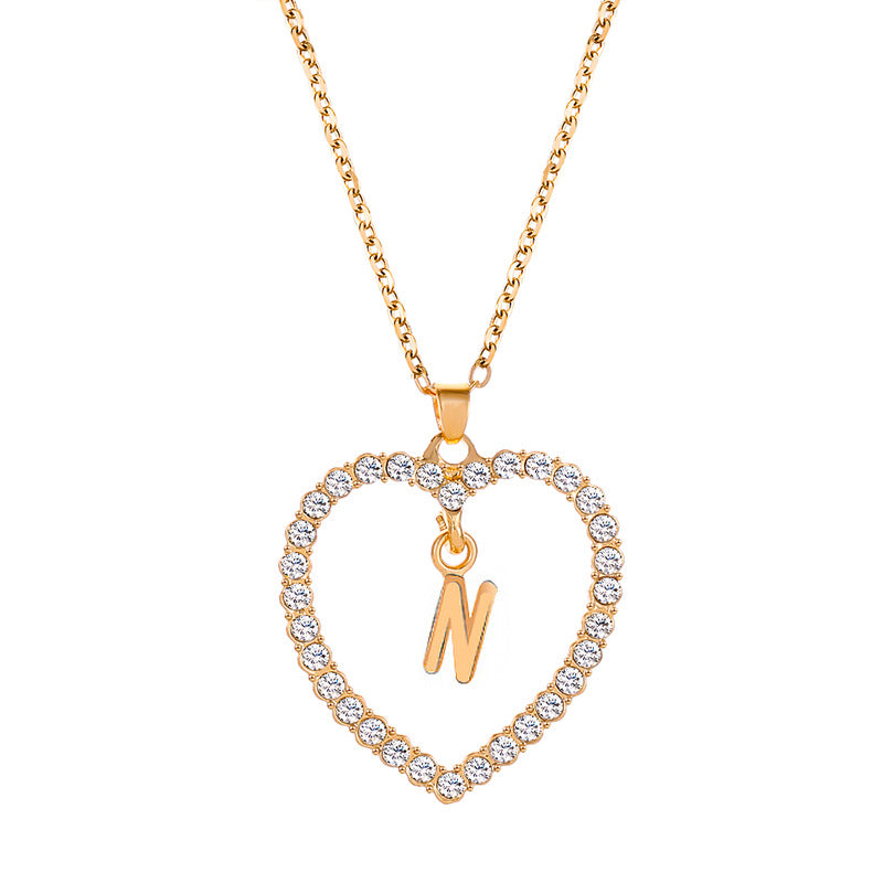 Womens Stylish & Minimalist Diamond-Encrusted 26-Letter Heart Pendant Necklace