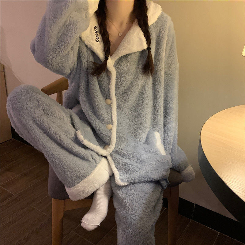 Women's Autumn And Winter Pajamas Warm Lapel Fleece Thick Suit