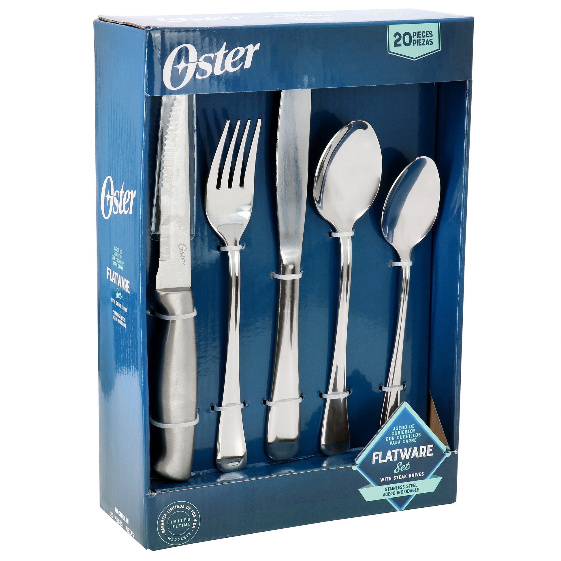 Oster Macmillan 20 Piece Stainless Steel Flatware Set with Steak Knives W2B