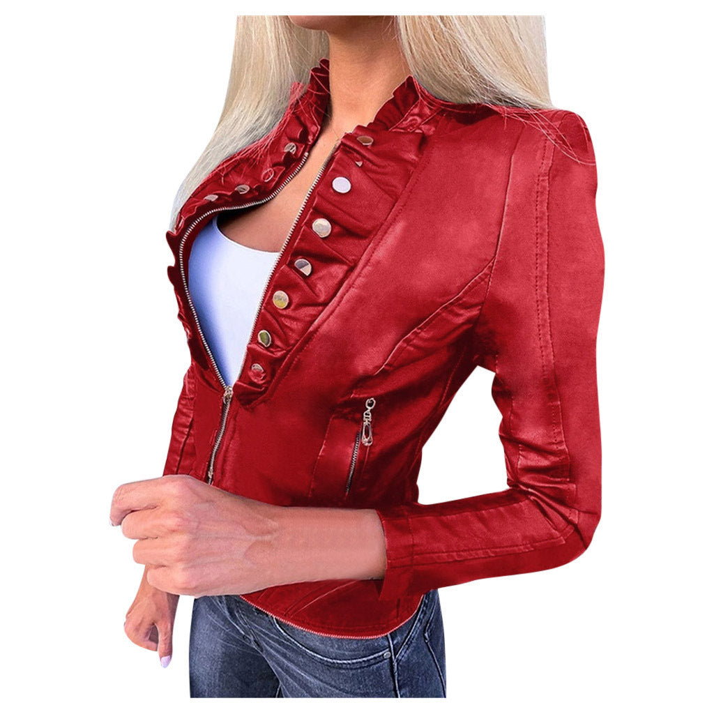 European-Style Slim-Fit PU Motorcycle Jacket - Winter Biker Coat for Women (Black/Brown/Navy/Wine Red, S-5XL) LadyShow.Store