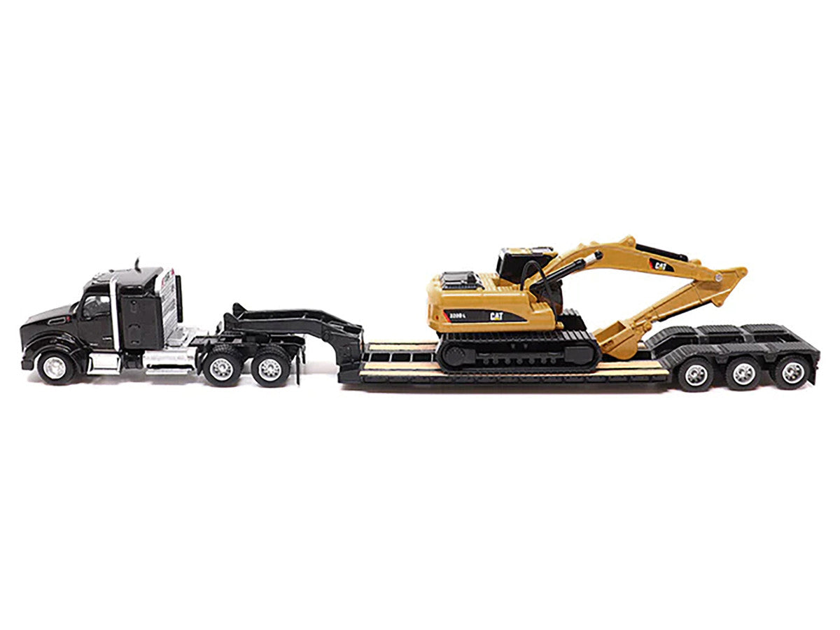 Kenworth T880 SBFS Sleeper Tandem Tractor Black with Lowboy Trailer and CAT 320D L Hydraulic Excavator Yellow 1/87 (HO) Diecast Model by Diecast Masters-2