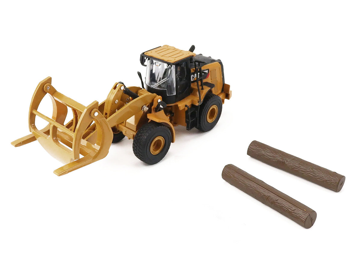 CAT Caterpillar 950M Wheel Loader Yellow with Log fork and Wood Log 1/64 Diecast Model by Diecast Master Diecast Masters