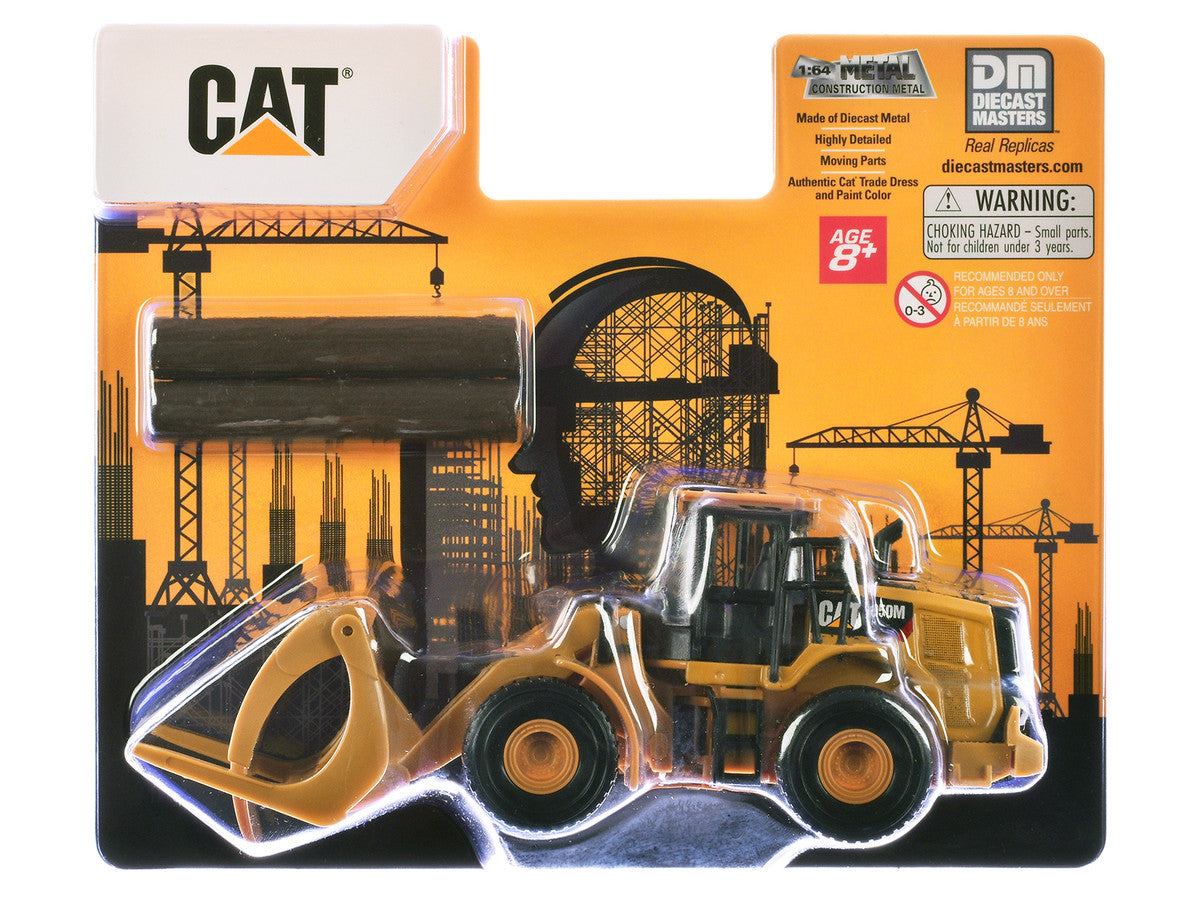 CAT Caterpillar 950M Wheel Loader Yellow with Log fork and Wood Log 1/64 Diecast Model by Diecast Master Diecast Masters