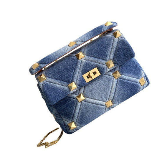 Denim With Cowhide Bag Large Rivet LadyShow.Store