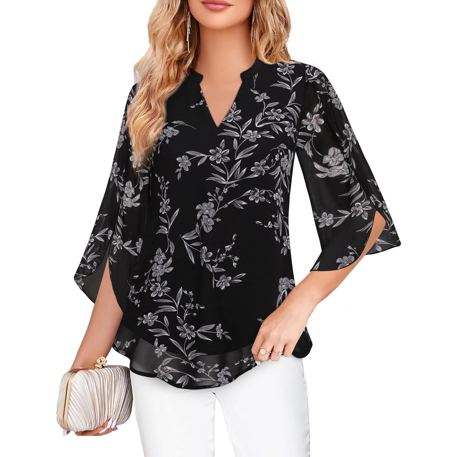 Women's Petal Sleeve Top Loose V-neck Chiffon Shirt LadyShow.Store