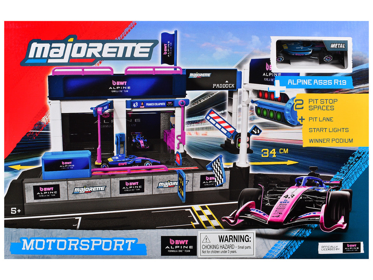 "BWT Alpine Formula One Team" (2025) Pit Stop Playset with Alpine A525 R19 1/64 Diecast Model Car by Majorette Majorette