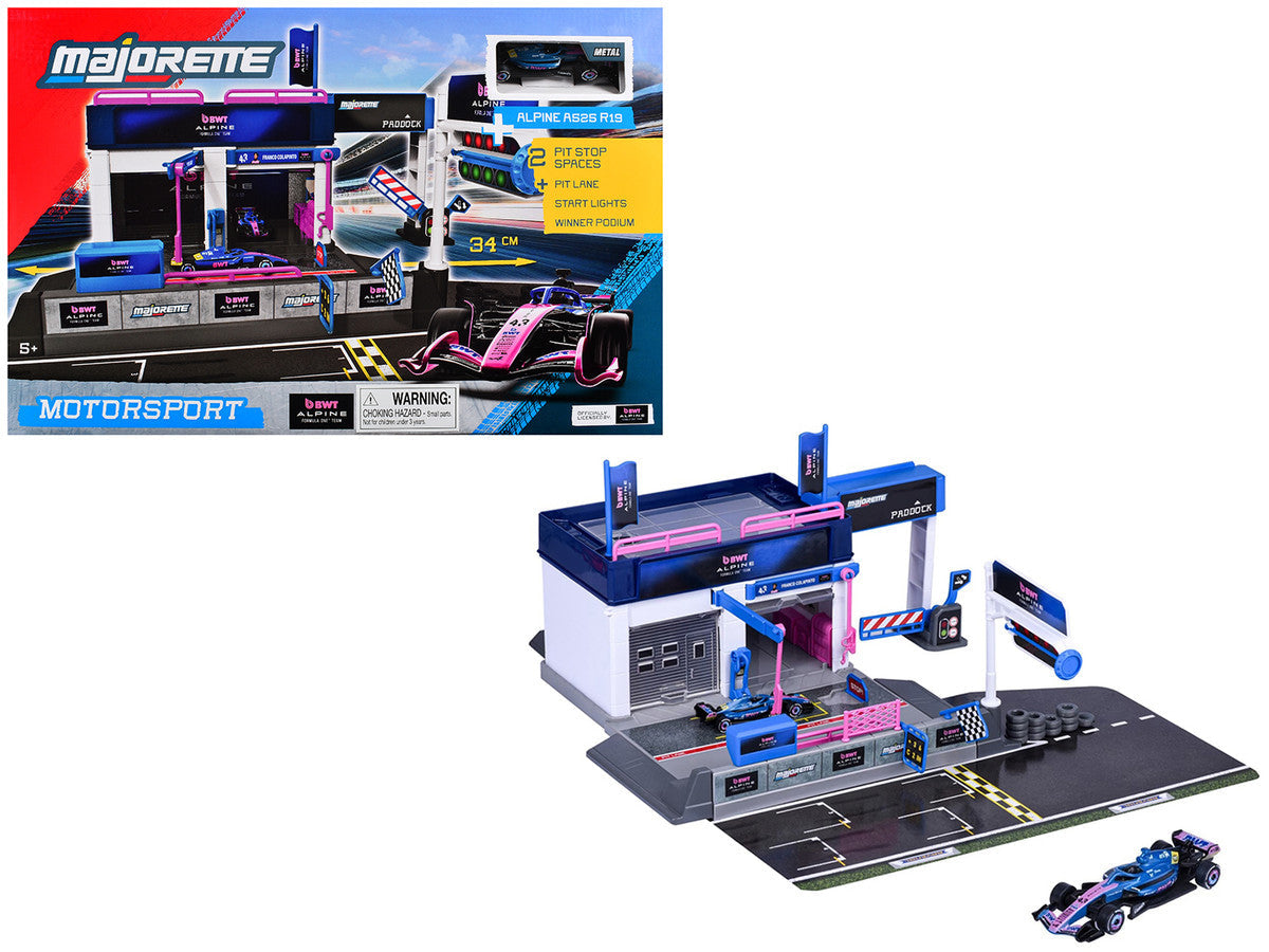 "BWT Alpine Formula One Team" (2025) Pit Stop Playset with Alpine A525 R19 1/64 Diecast Model Car by Majorette Majorette